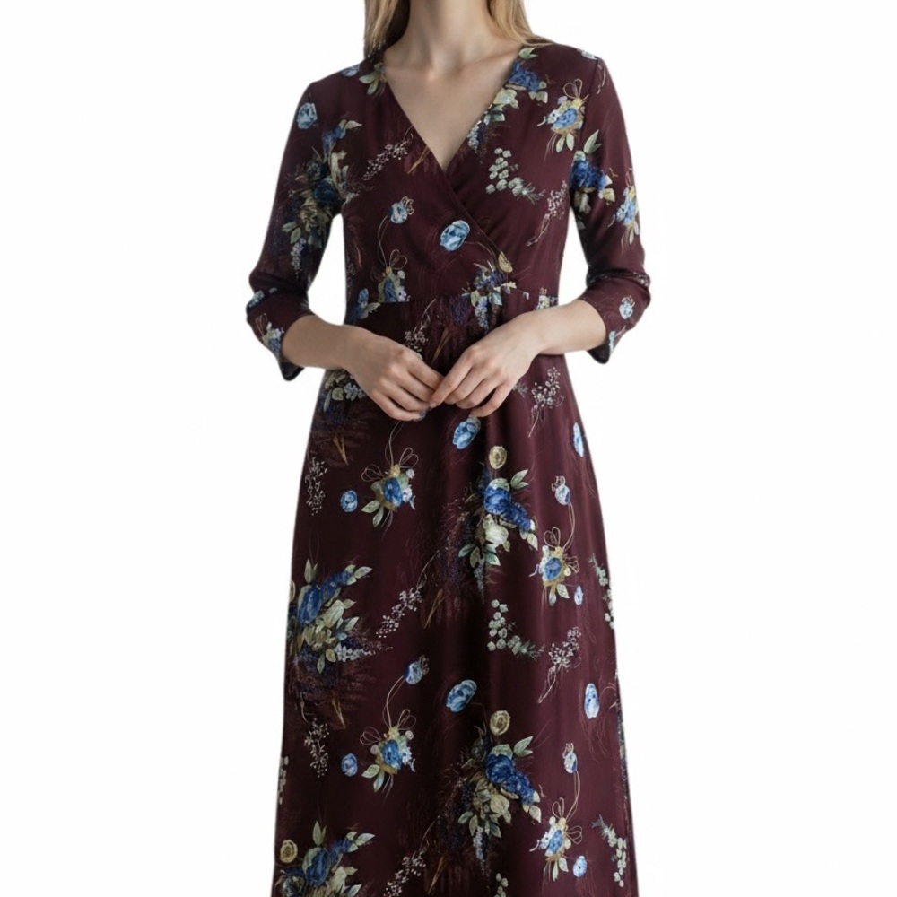 Chic Burgundy Floral Long Sleeve Dress